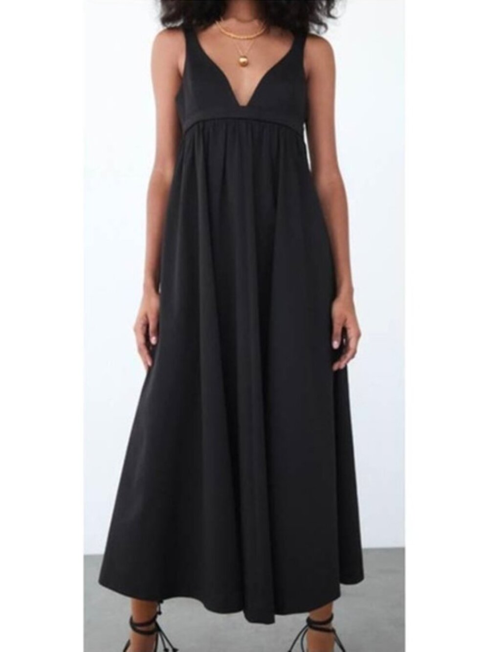 Zara Voluminous V-Neck Sleeveless Poplin Midi Black Dress Size Med